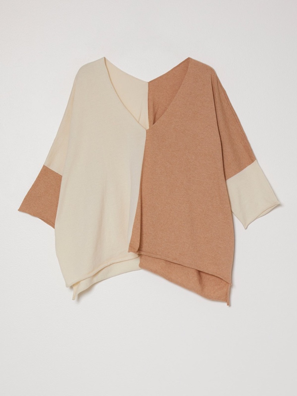 Atelier Delphine Colorblock Top Cream Camel Dolman V-Neck Organic Cotton S